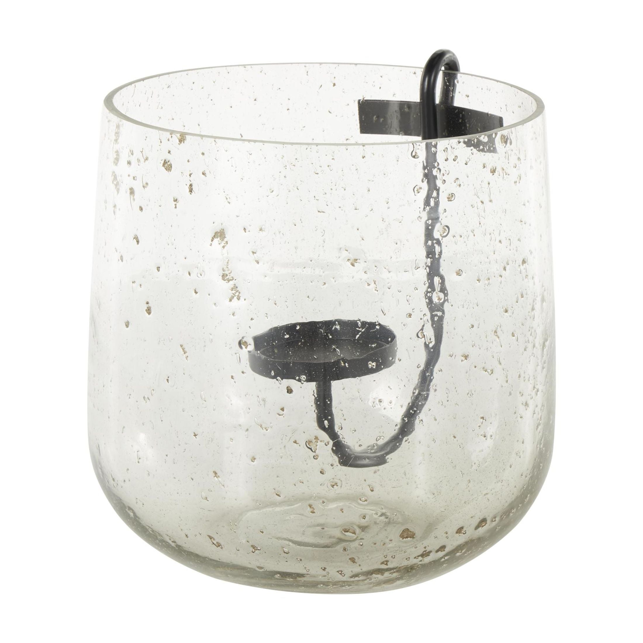 DecMode Glass Candle Holder with Black Metal Accents and Brown Speckles