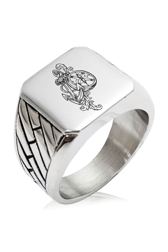 Stainless Steel Nautical Feather Compass & Anchor Geometric Pattern Biker Style Polished Ring
