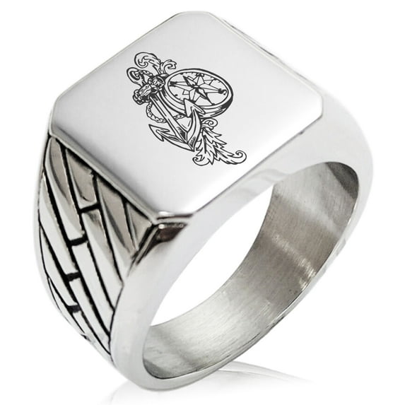 Stainless Steel Nautical Feather Compass & Anchor Geometric Pattern Biker Style Polished Ring