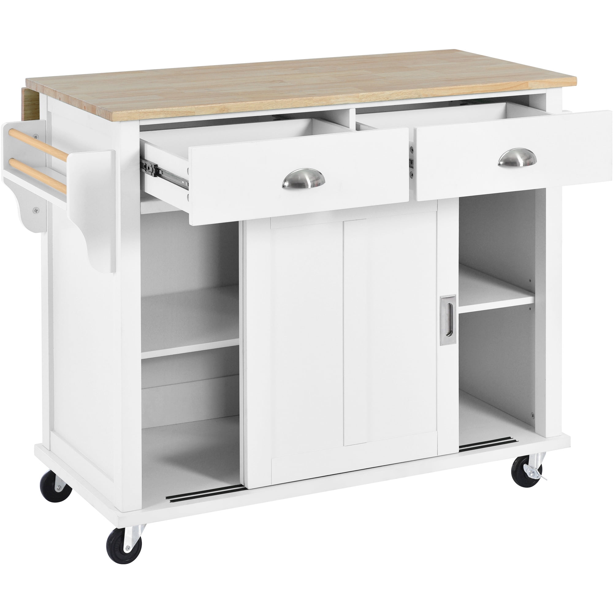 Momspeace 52.2 Inch Kitchen Cart Rubber Wood Drop‑Leaf Countertop Concealed Sliding Barn Door Adjustable Height, MDF Material, White/Black/Mint Green