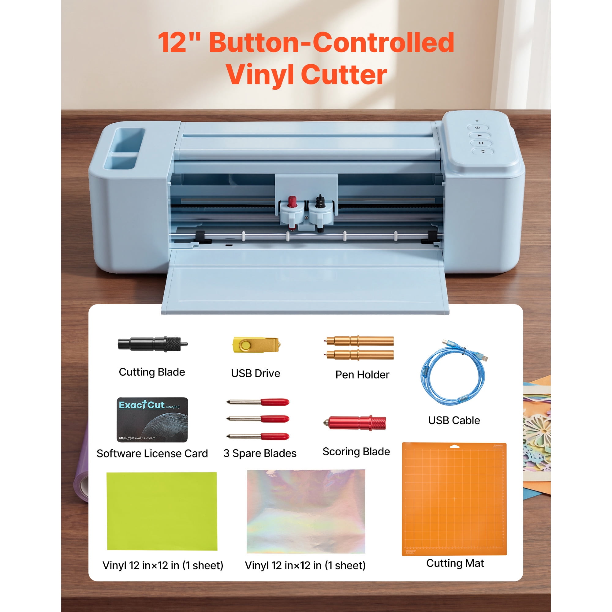 KFFKFF 12-inch Vinyl Cutting Machine with Button Controls, Over 5000 Built-in Design Options, Compatible with Mac, Windows, Android, and iOS for Personalized Crafts, Cards, and Home Decorations