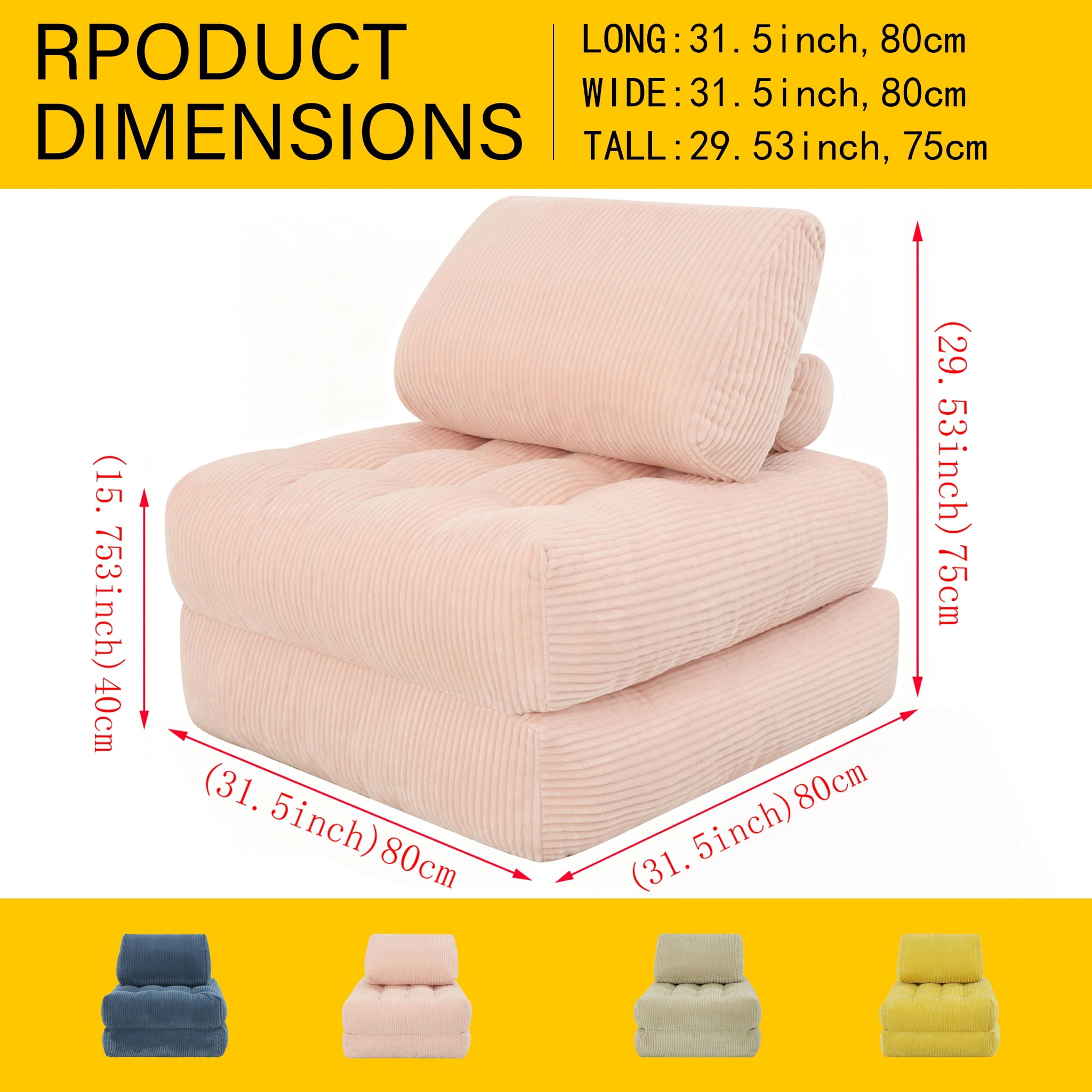 PAPROOS Bean Bag Chair for Adults, Corduroy Bean Bag Lounger, Convertible Floor Sofa Bed, Comfy Lounge Chair with Back Support for Bedroom, Dorm, Game Room and Living Room, Pink