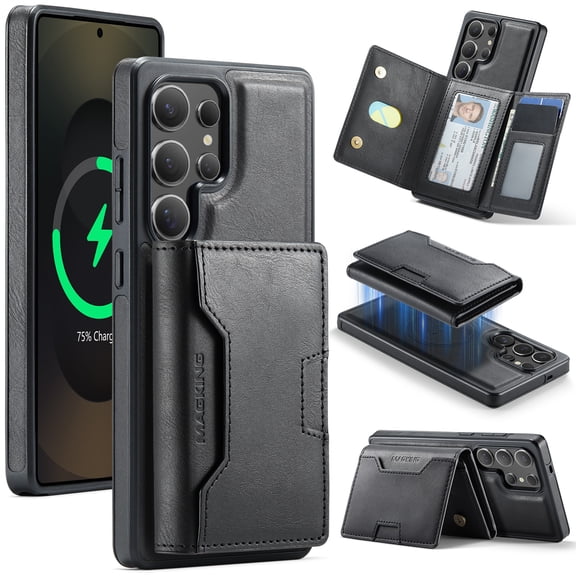 2 In 1 Design for Samsung Galaxy S25 Ultra Detachable Magnetic Wallet Case with Magnetic Snap, RFID Blocking Card / Cash Slots Shock-Absorbent PU Leather Classic Kickstand Rugged Phone Cover, Black