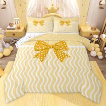 jejeloiu Polka Dots Bow Queen Comforter Set,Yellow Bowtie Print Bedding Comforter Set For Girl Kids Reversible 3-Piece