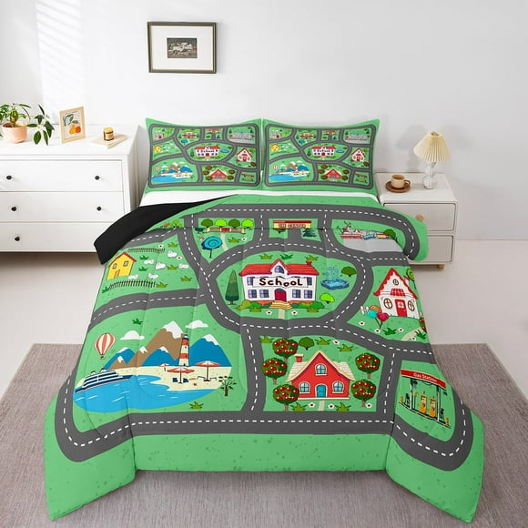 Erosebridal House Street Bedding Sets Full with Comforter, Traffic Lines Duvet Insert, Cartoon Map Decor, Breathable 3 Pieces