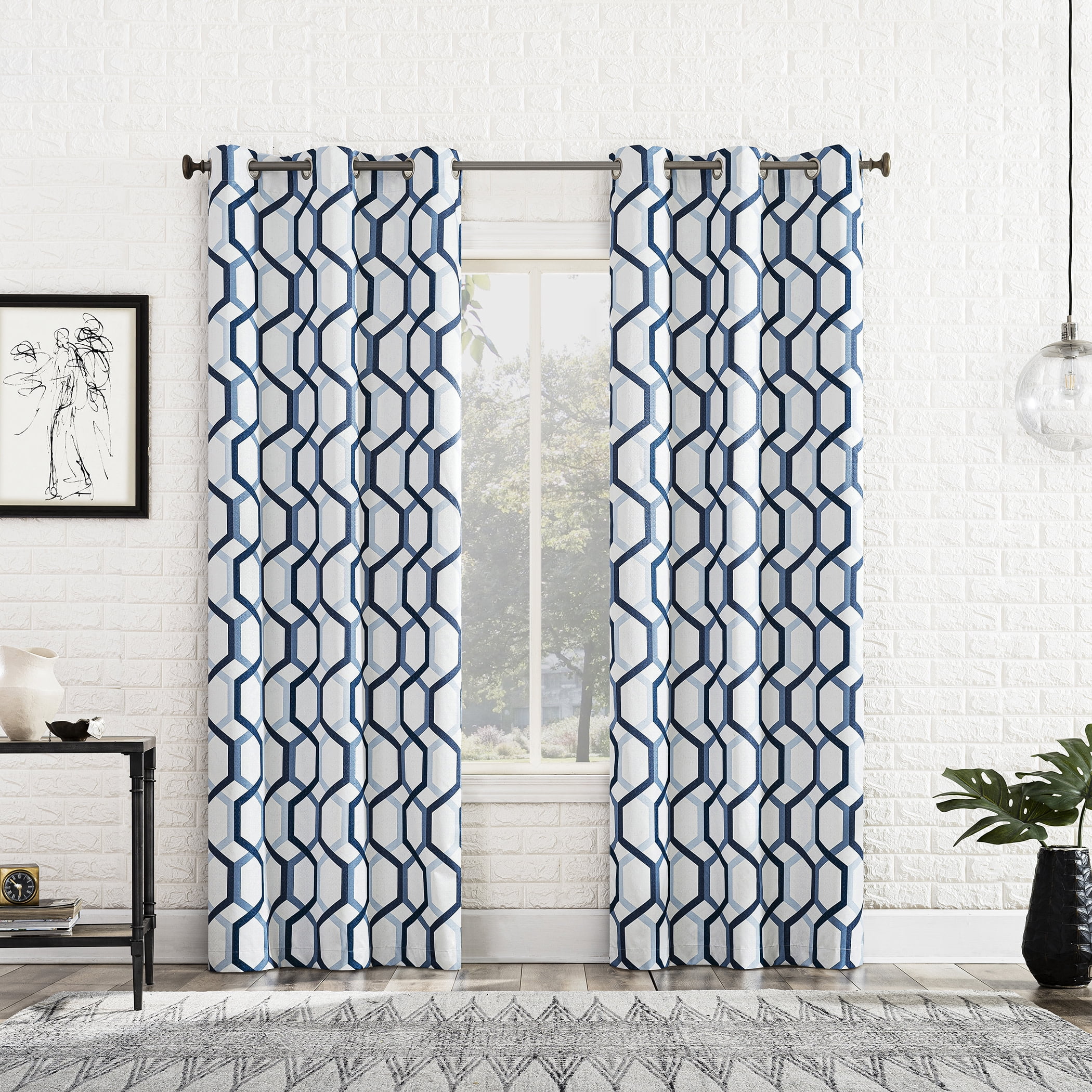 Sun Zero Arlo 2-Piece Textured Thermal Insulated Room Darkening Grommet Curtain Panel Pair, Blue Geometric, 40"W x 95"L