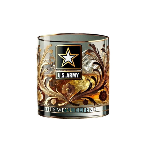 Patriotic Military Tribute Whiskey Glass, 12 oz Capacity with Unique Veteran Design, Ideal for Home Bars and Memorial Celebrations