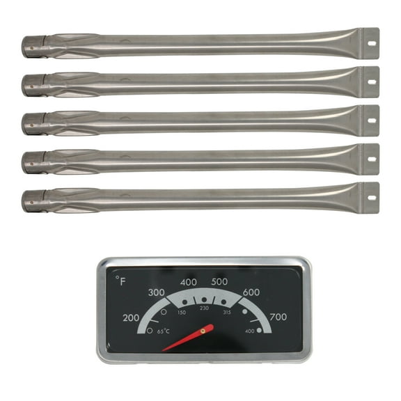 5 BBQ Gas Grill Tube Burner & 1 Thermometer Heat Indicator Replacement Parts for Kenmore 148.16154210 - Compatible Barbeque Stainless Steel Pipe Burners & Temperature Gauge Thermostat