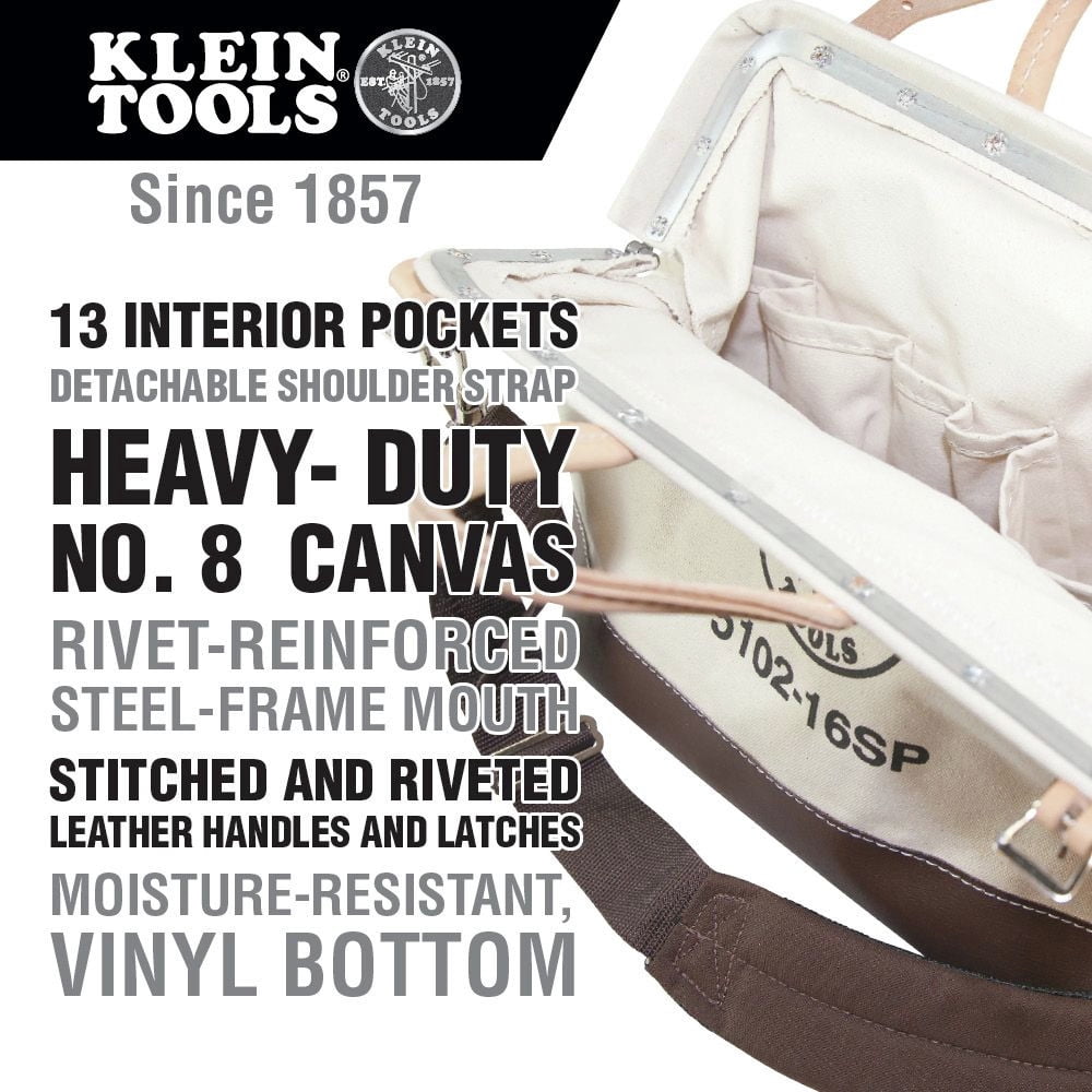 Klein Tools 16 in. W x 14 in. H Canvas/Leather Deluxe Tool Bag 13 pocket Beige 1 pc.