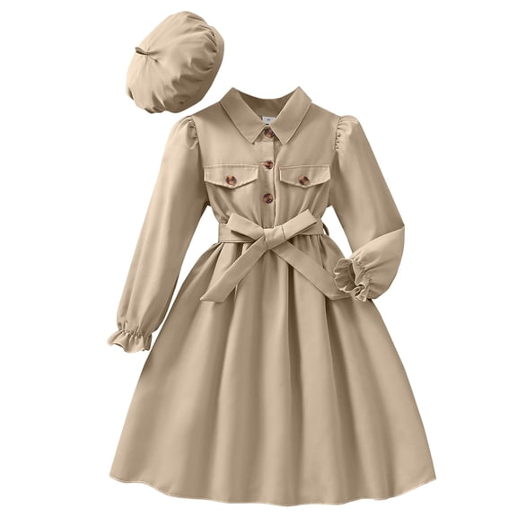 WUANDIXFA Girls Long Sleeve Dress with Hat, Lapel Collar Button Down Midi Dress Swing Casual Dresses with Belt (Khaki, 7-8 Years)