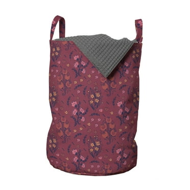 Botanical Laundry Bag, Spring Flowers Leafy Branches Repetition, Hamper Basket with Handles Drawstring Closure for Laundromats, 13" x 19", Raspberry Eggplant, by Ambesonne