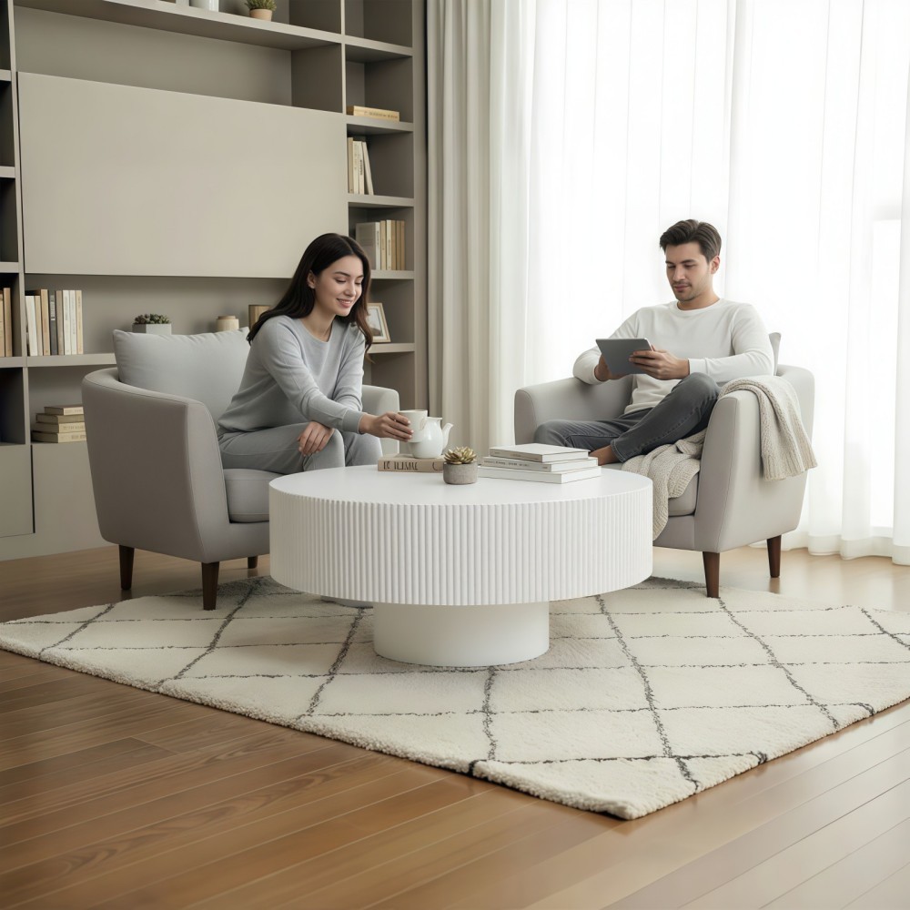 Round Fluted Coffee Table, Modern Pedestal Coffee Table for Living Room, Mid Century Modern Side Table, Small Space Accent Table, White
