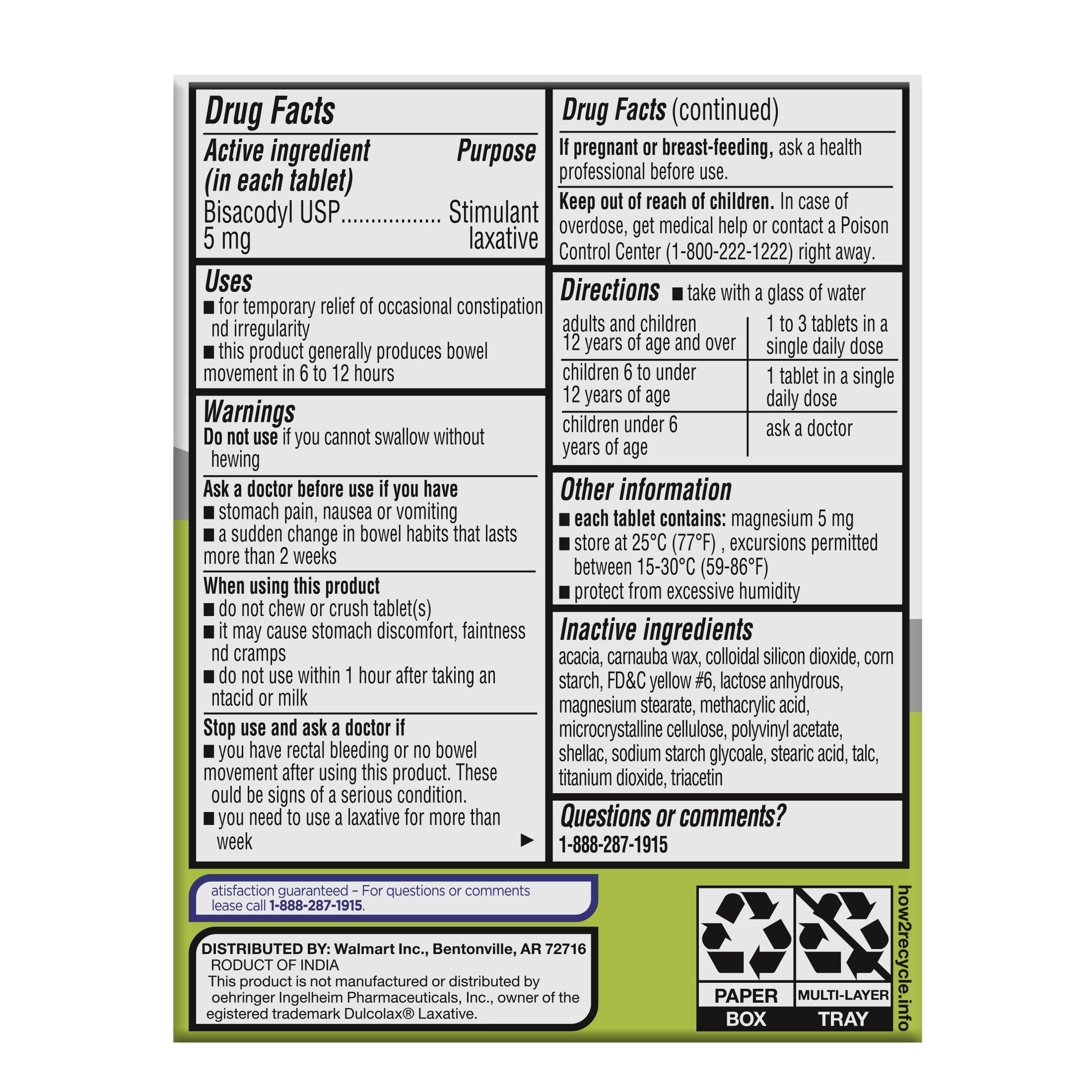 (3 pack) Equate Gentle Laxative Bisacodyl for Adult Constipation, 5mg, 8 Coated Tablets, Unflavored