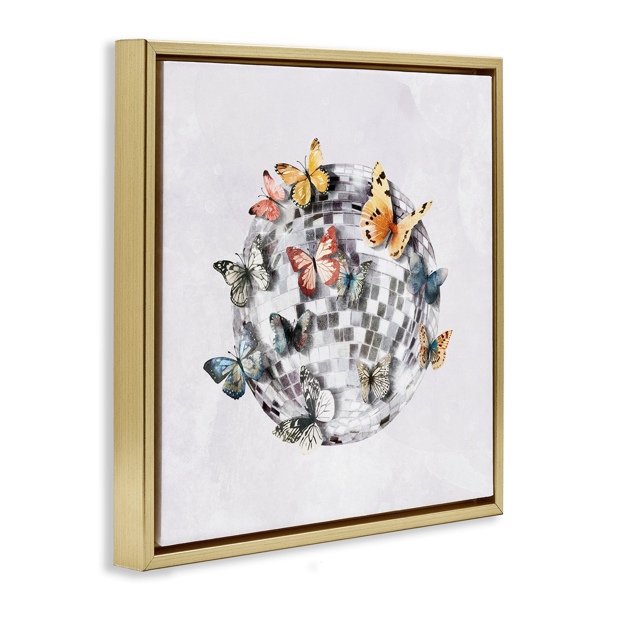 Stupell Industries Butterflies on Disco Ball Insects Painting Gold Floater Framed Canvas Art Print Wall Art, 18 x 18