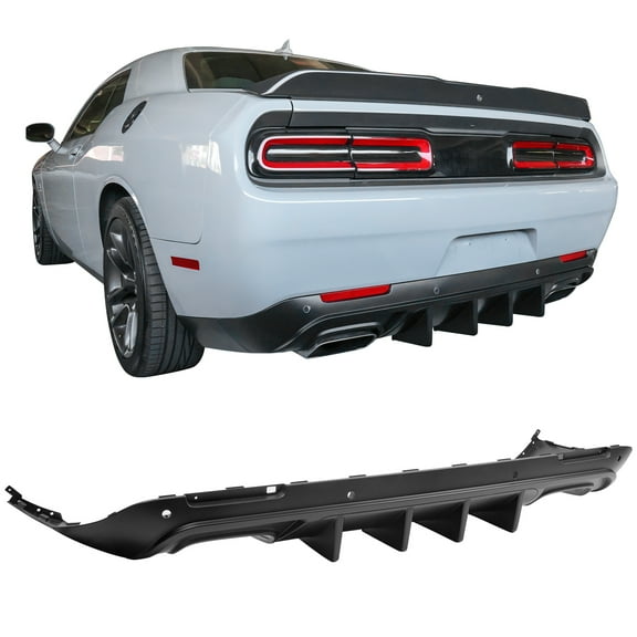 Ikon Motorsports Rear Diffuser Compatible With 2015-2023 Dodge Challenger IKON V1 Style Matte Black PP Rear Bumper Lip Spoiler Diffuser Shark Fins, 2016 2017 2018 2019 2020 2021