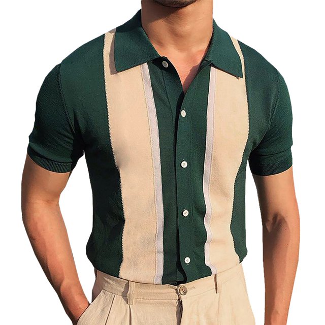 TSADFHJI Short Sleeve Dress Shirts for Men Slim Fit Fall Men's Spring and Summer Contrast Color Thread Single- Lapel Cardigan Knitted Short-Sleeved Top Xxl Green