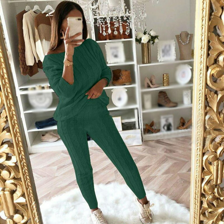 YWDJ Workout Sets for Women Long Sleeve Womens Solid Color Off Shoulder  Long Sleeve Cable Knitted Warm Two Piece Long Pants Sweater Suit Set Green  XL 