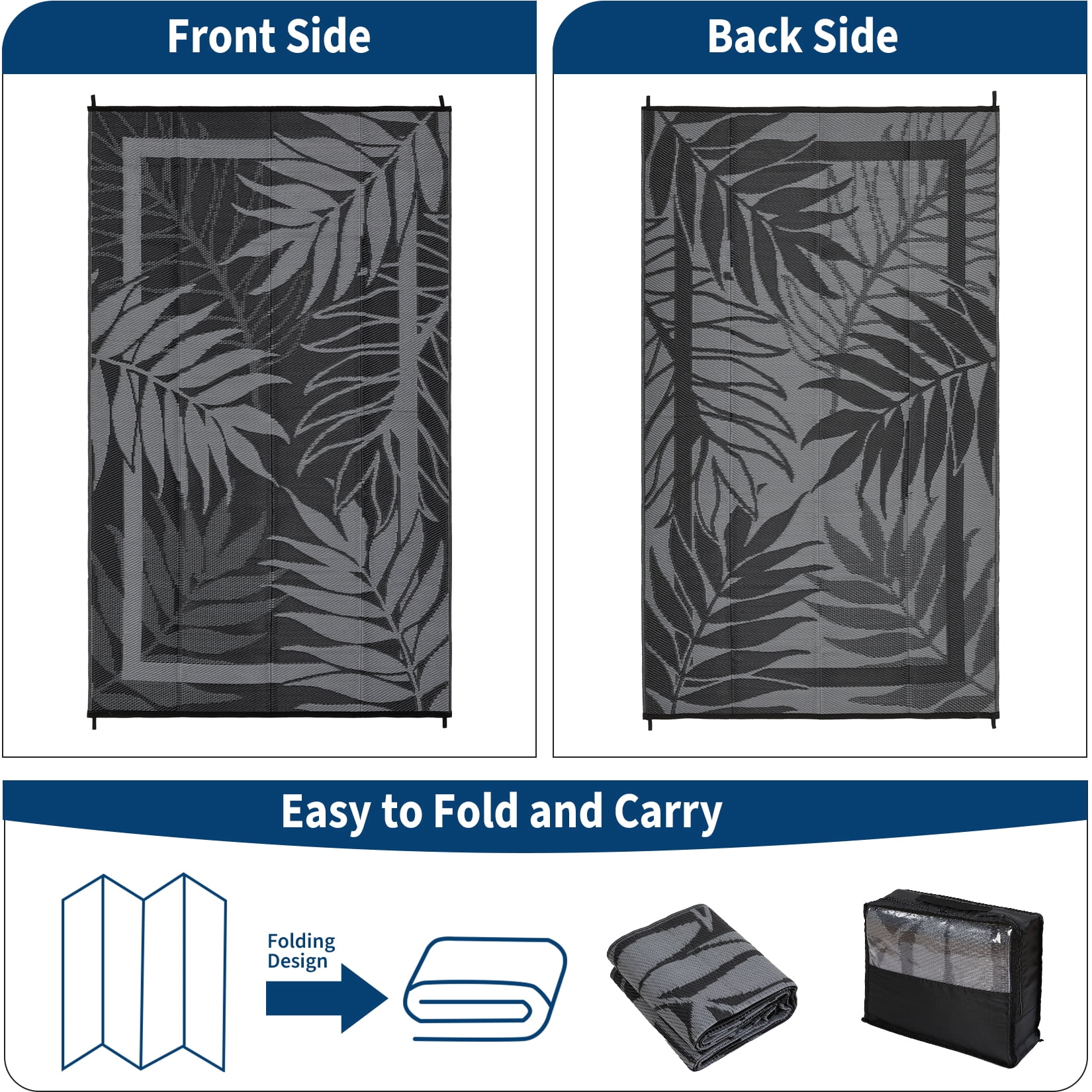 Nanan 9'x18' Outdoor Rug, Modern Leaf Print Waterproof Patio Rug, Outdoor Reversible Plastic Straw Rug for Camping, Deck, Bench, Picnic, RV, Black White