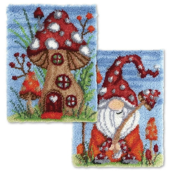Latch Hook Rug Kits for Adults ,Latch Hook Rug Kit for Adults Crocheting Carpet Rug Yarn Sofa Cushion Mat Tapestry DIY Carpet Arts Crafts Mushroom Meadow & Toadstool Cottage, Set of 2 Latch Hook Kit