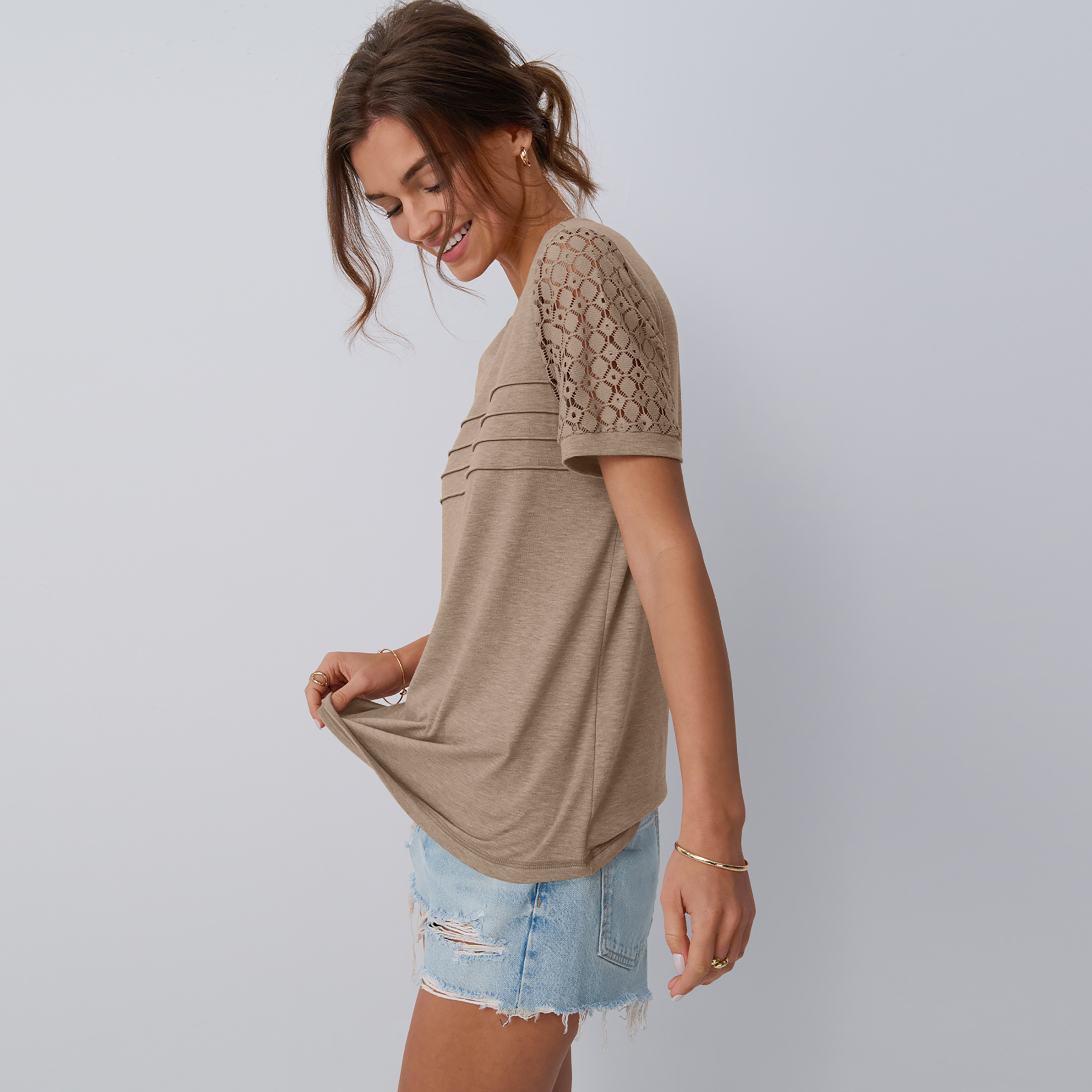 SUNBS Women's Lace Crew Neck Short Sleeve Top, Beige photo 7