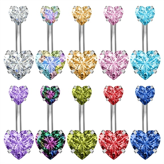ZS 14G Cubic Zirconia Belly Button Rings Colorful Heart Crystal Belly Navel Piercing Banana Barbell Belly Ring Set