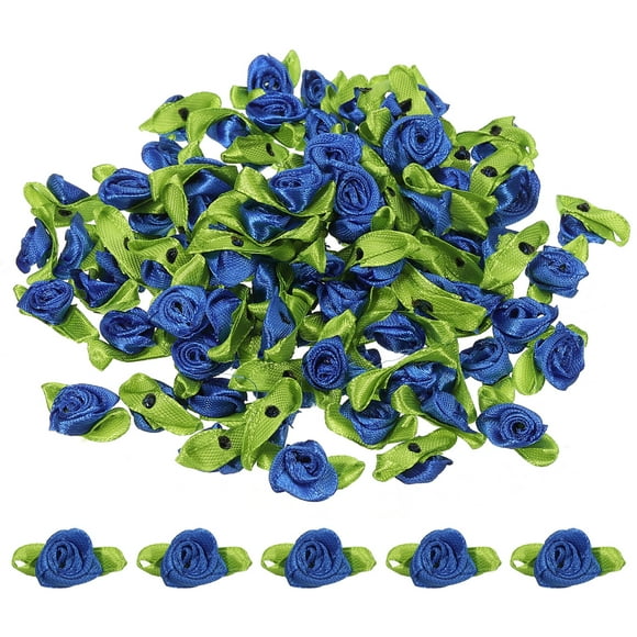 Unique Bargains Mini Ribbon Roses, 100Pcs Tiny Satin Fabric Flowers with Green Leaves Rosettes Applique for Crafts Wedding Blue
