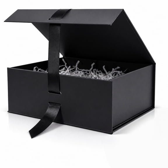 Black Magnetic Gift Box with Ribbon, 8.6×6.7×3.3 Inch Collapsible Cardboard Present Container, Luxury Rectangle Storage Box for Wedding, Christmas, Halloween & Birthday Gifting
