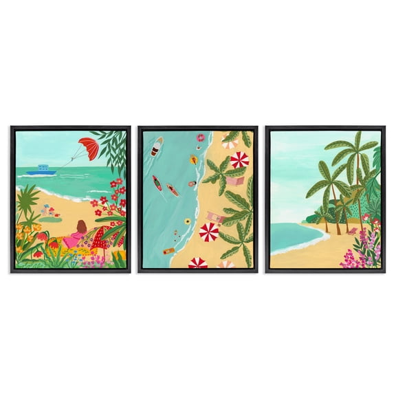 Busy Beach And Flowers 3 Piece Black Framed Floater Canvas Set, design by Nabeela Rumi