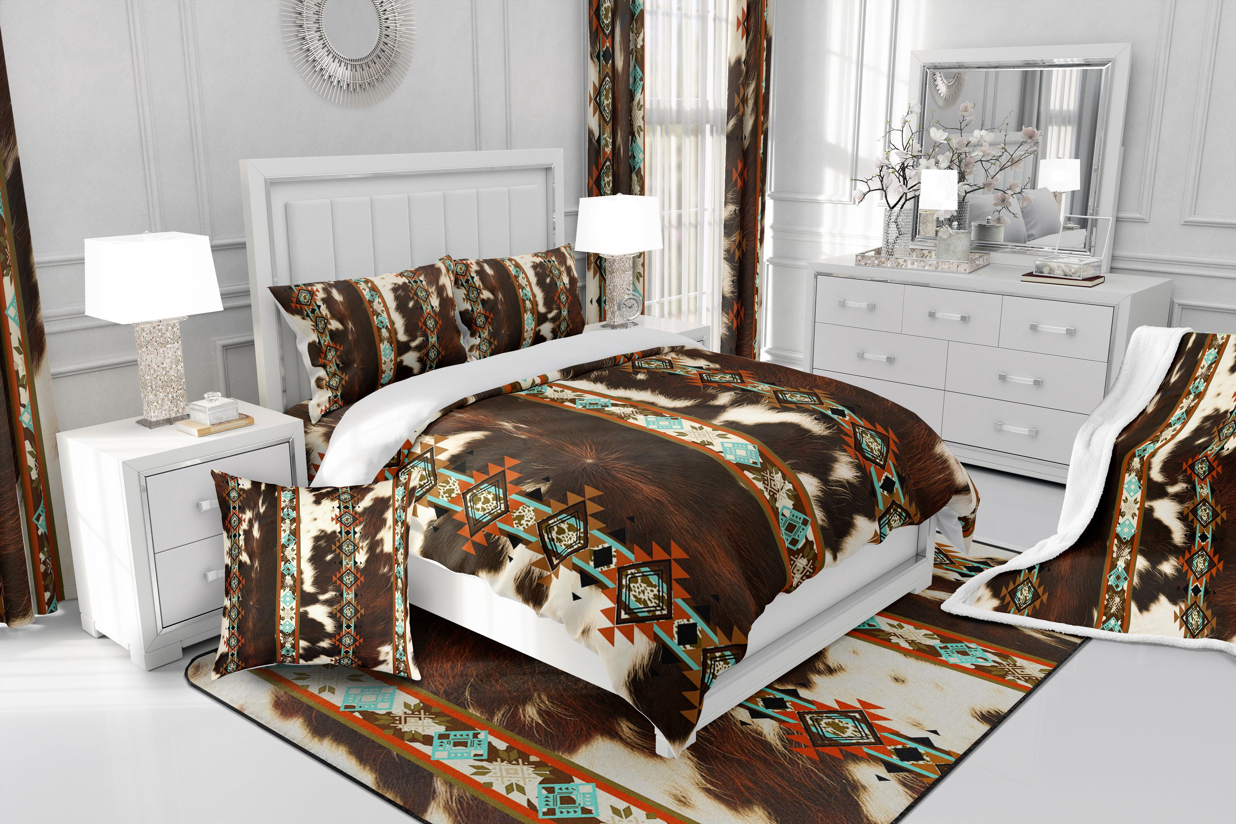 Cowhide Bedding Set Western Comforter Set King,Brown Highland Cow Print Quilt Exotic Aztec Farmhouse Wild Animals Duvet Insert,Longhorn Skin Room Decor Cowboys Gifts for Men