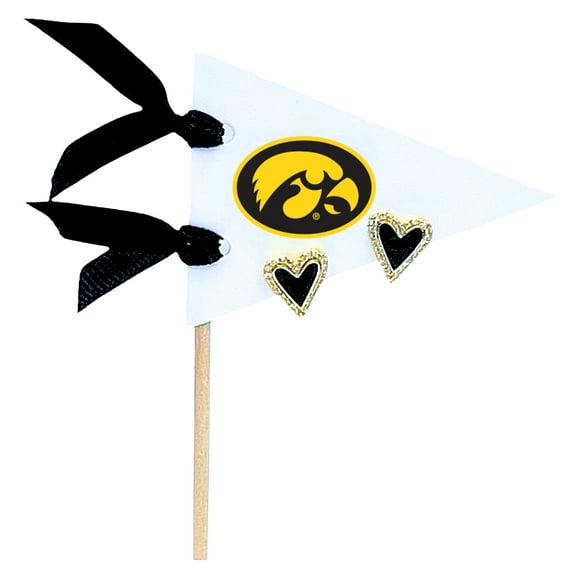 E205 - IOWA : Black Heart Studs on Hawkeyes Logo Pennant Flag