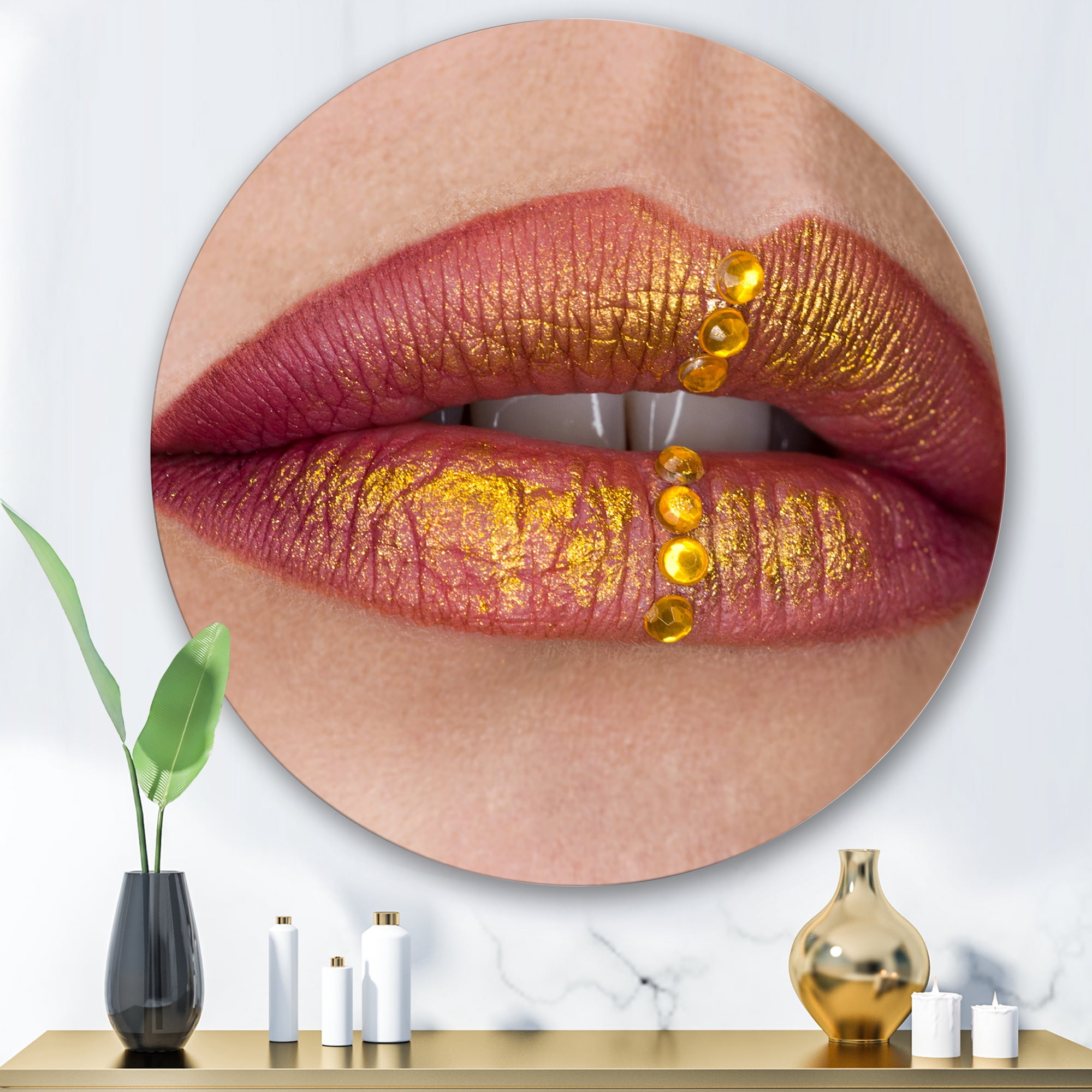 Designart 'Woman Lips Close-Up With Red Lipstick, Gold Paint' Modern Circle Metal Wall Art 36x36 - Disc of 36