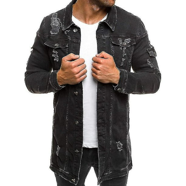 Black denim jacket ripped mens outlet