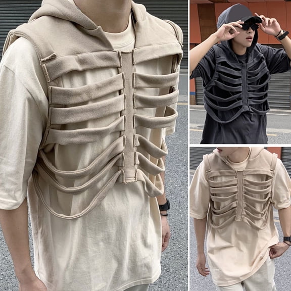 Joernso American Hip-Hop Skull Rib Vest Men Sleeveless Hooded Retro Vest Jacket Solid Color Pullover Style Vest Coat