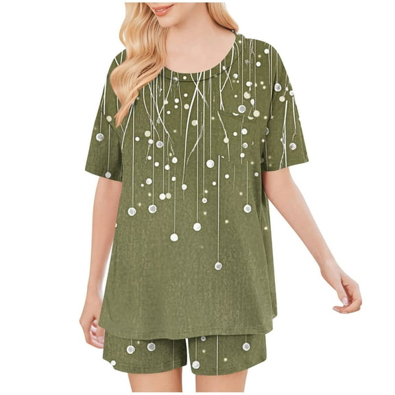 Simua Pajamas Short Sleeve Two Piece Sleepwear for Women, Women's Summer Casual Print Round Neck Tops Pockets with Shorts Loose Loungewear Pjs Set, Size S-XXL