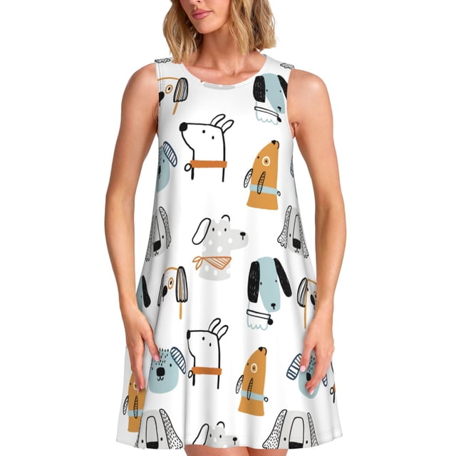 Vsdgher Robes d'Été Imprimé Chiot pour Femmes Robe de Plage Décontractée Col en U Sans Manches Robe d'Été Ample avec Poche