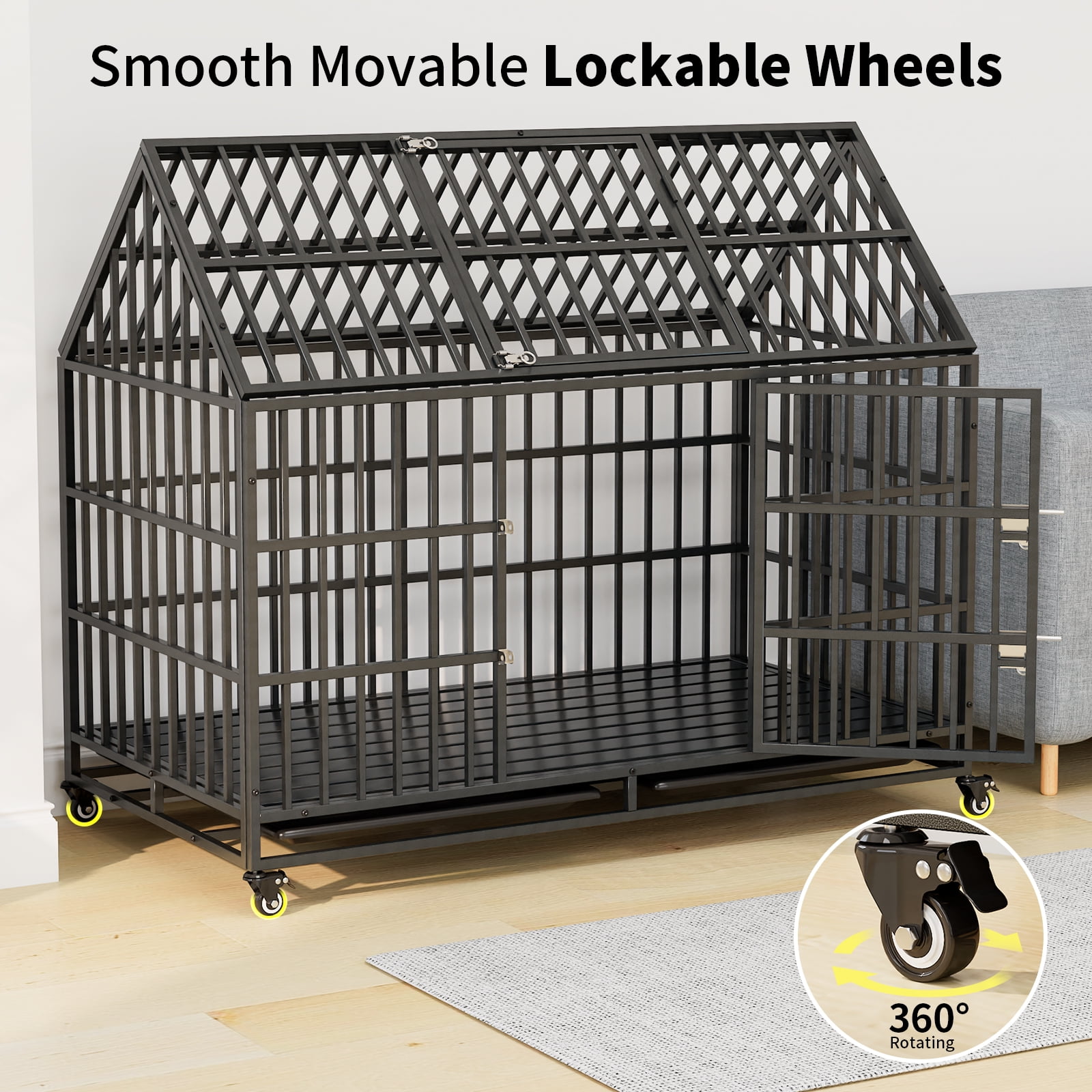 52 Inch Heavy Duty Dog Crate Extra Large Dog Cage Kennel, Indestructible XXL Dog Crate with Roof Top, Trays and Wheels, Escape Proof for High Anxiety Giant Dogs