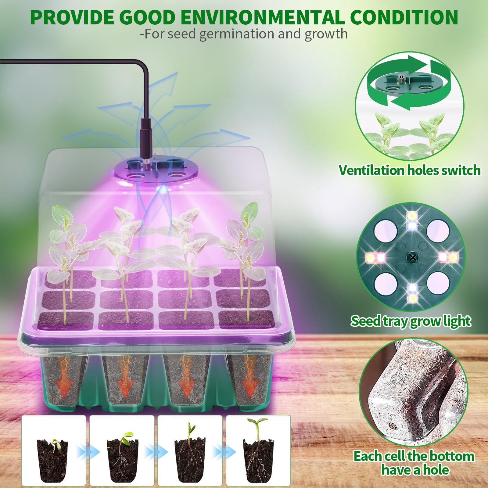Qoolife Seed Starter Tray with Plant MVR1&nbsp;Light, 4 Lights for Seed Starting Kit with Humidity Domes, Timing Controller Adjustable Brightness for Greenhouse Propagator Station Planting Growing