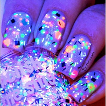 Uv Reactive Tube - TGIF: Custom-Blended UV Blacklight Reactive NEON Glitter Nail Polish / Lacquer, TGIF is a clear base polish with bright neon colors and short black and white scattered.., By DirectGlow LLC,USA