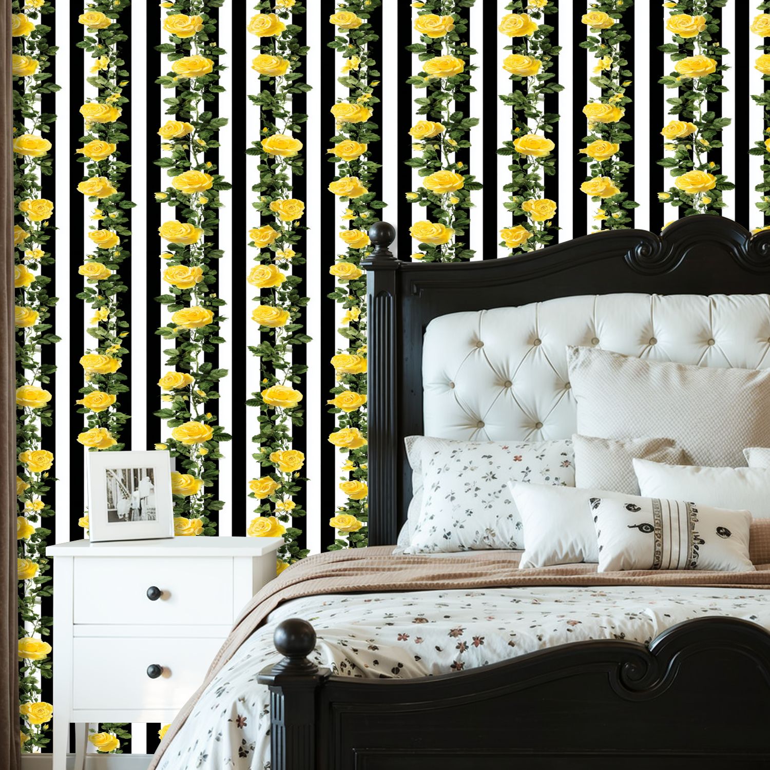Flower Peel and Stick Wallpaper 23.6in x 9.8ft Yellow Roses Black White Striped Contact Paper Vinyl Waterproof Self Adhesive Wall Paper for Bedroom Shelf Cabinet Renter Friendly