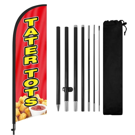 QSUM Tater Tots Feather Flag with Flag Pole Kit and Ground Spike, 8.2FT Tater Tots Windless Flag Banner Sign Business for Outdoor Advertising Sign Decoration Display