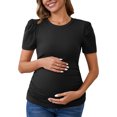thumbnail image 1 of Blusa de maternidad de mujer INSPIRE CHIC, de punto acanalado, con mangas cortas abullonadas, camiseta arrugada para fotos de baby shower, talla X-Small, color negro, 1 of 6