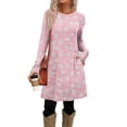 thumbnail image 3 of Women's Fashion Casual Dress with Pockets Decorative Buttons Polka Dot Prints Round Neck Long Sleeves for Spring and Autumn Outings,Pink,M, 3 of 6