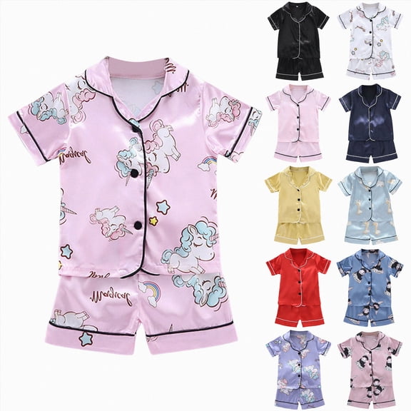 felwors Kids Satin Pajamas Sets Baby Boy Girl Button-Down Silk Sleepwear 2 Piece Short Sleeve Loungewear Clothes Set(Sky Blue,2-3 Years)