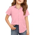 thumbnail image 2 of Domuza Girls Short Sleeve Button Down Shirt Kids Classic Lapel Collar Soft Fabric Casual Fit Everyday Wear School Pink 12-13 Years, 2 of 5