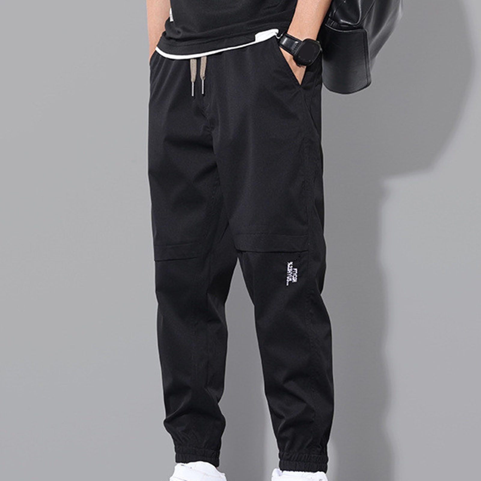 Men Pants Solid Color Elastic Waist Drawstring Ankle-banded