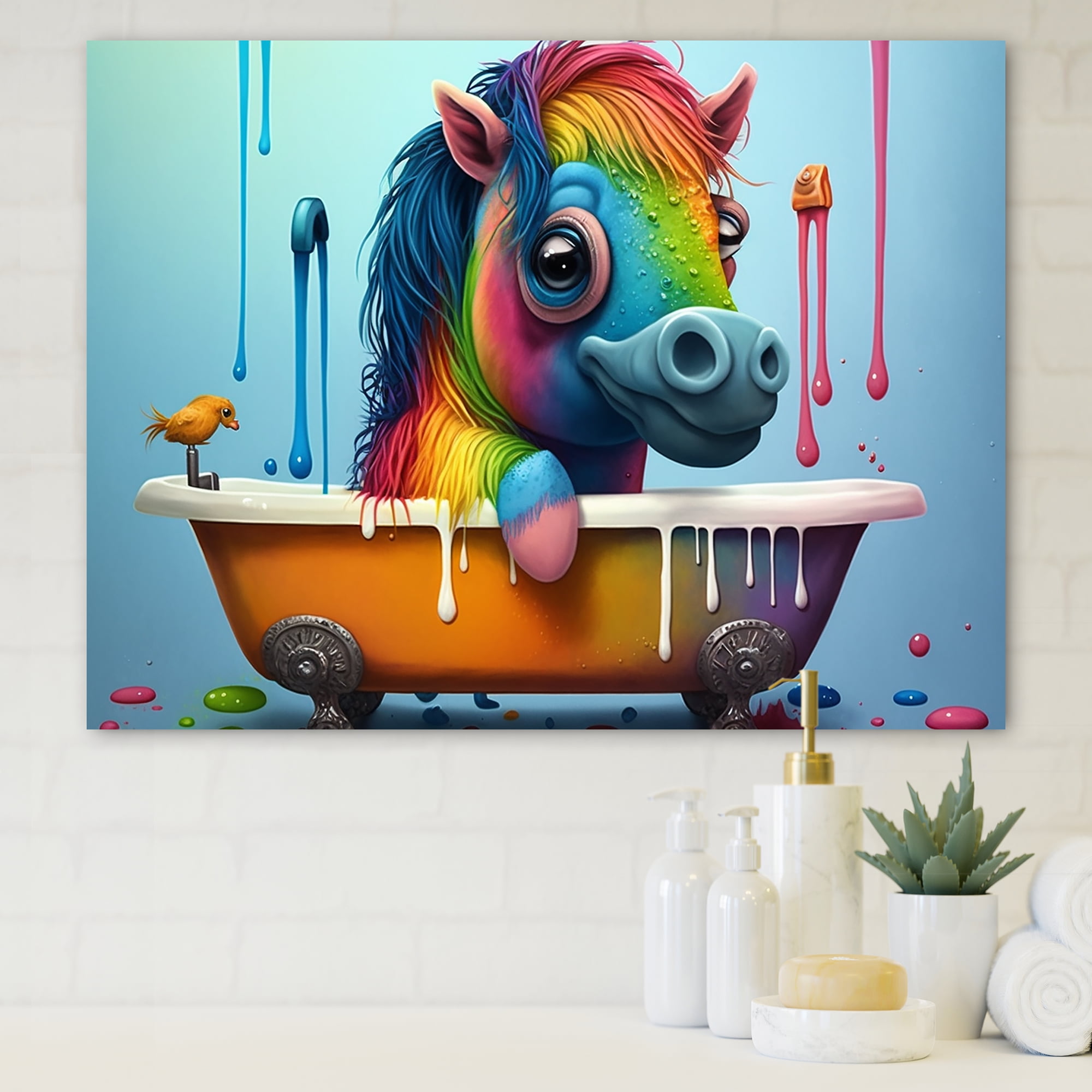 Designart Funny Rainbow Horse Splashing In The Tub I Canvas Wall Art