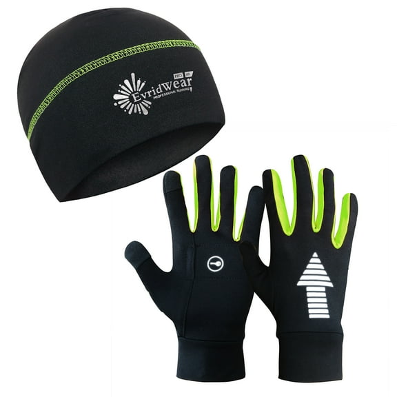 Evridwear Reflective Lightweight Running Cycling Touchscreen Gloves and Beanie Set (1 Set Lime)