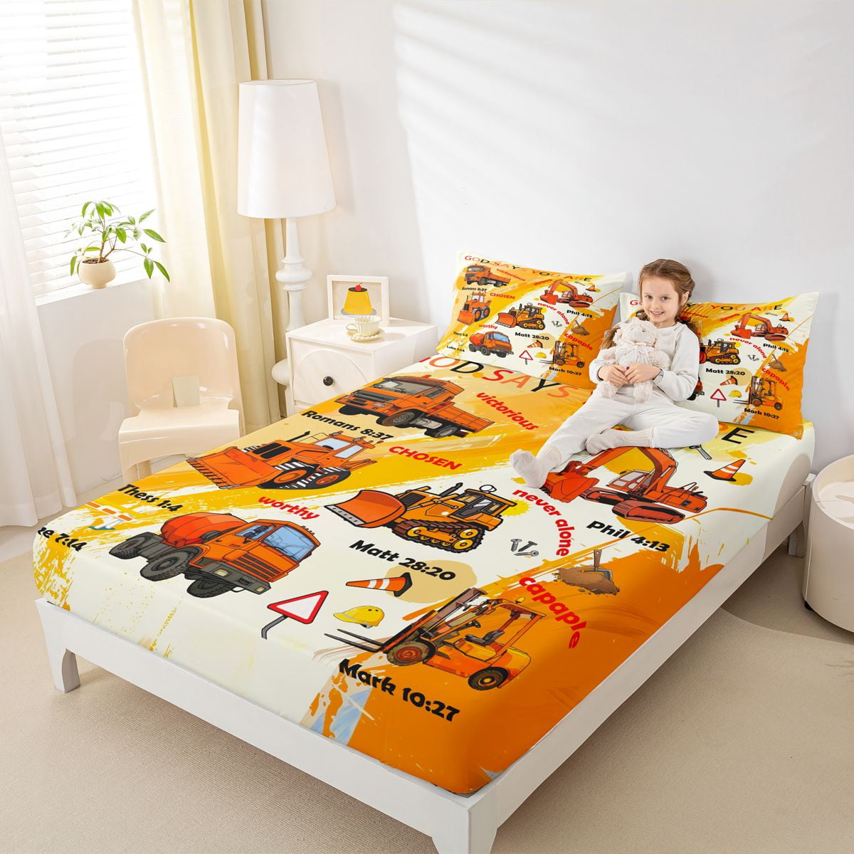Manfei Orange Graffiti Twin Sheet Set,Construction Vehicles,Luxury Decor For Boys,3-Piece