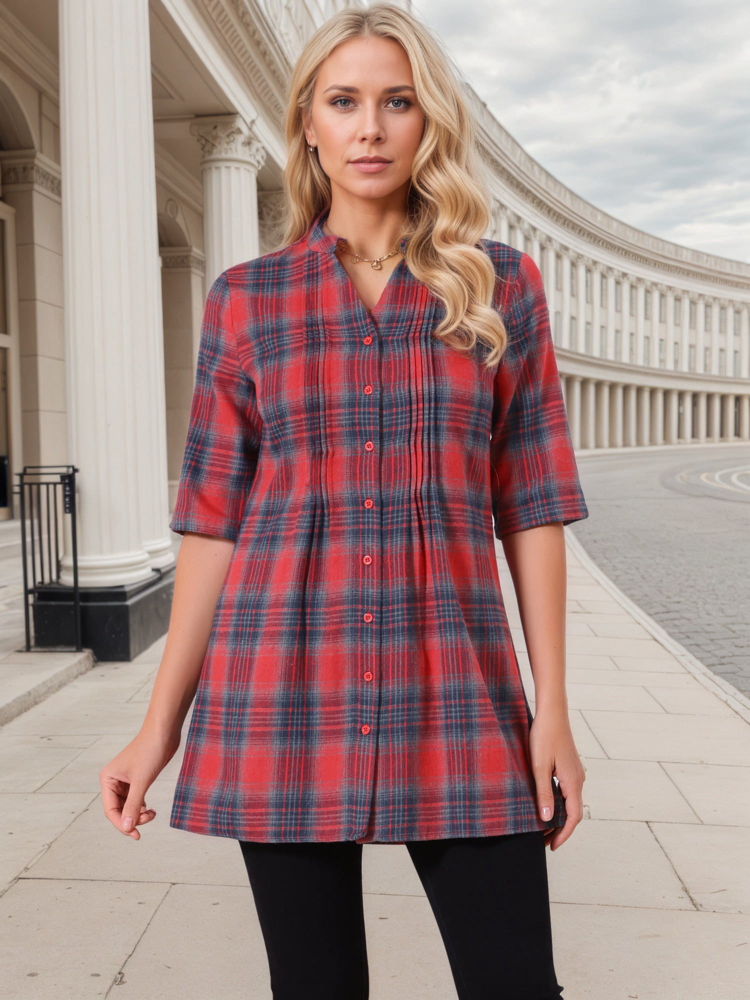 DARING DIVA Women's Check Top V Neck Half Sleeve Casual Tunic Blouse Red M