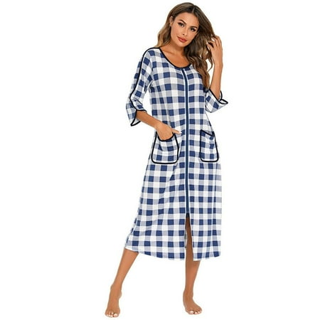 

Women Zipper Robe Short Sleeve House Dress Full Length Sleepwear Duster Housecoat with Pockets S-2XL